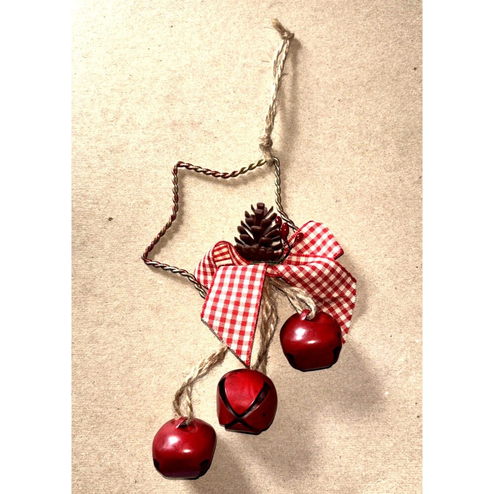 Rustic Woodsy Lodge Star w/Pine Cones Jingle Bells Gingham Christmas Ornament